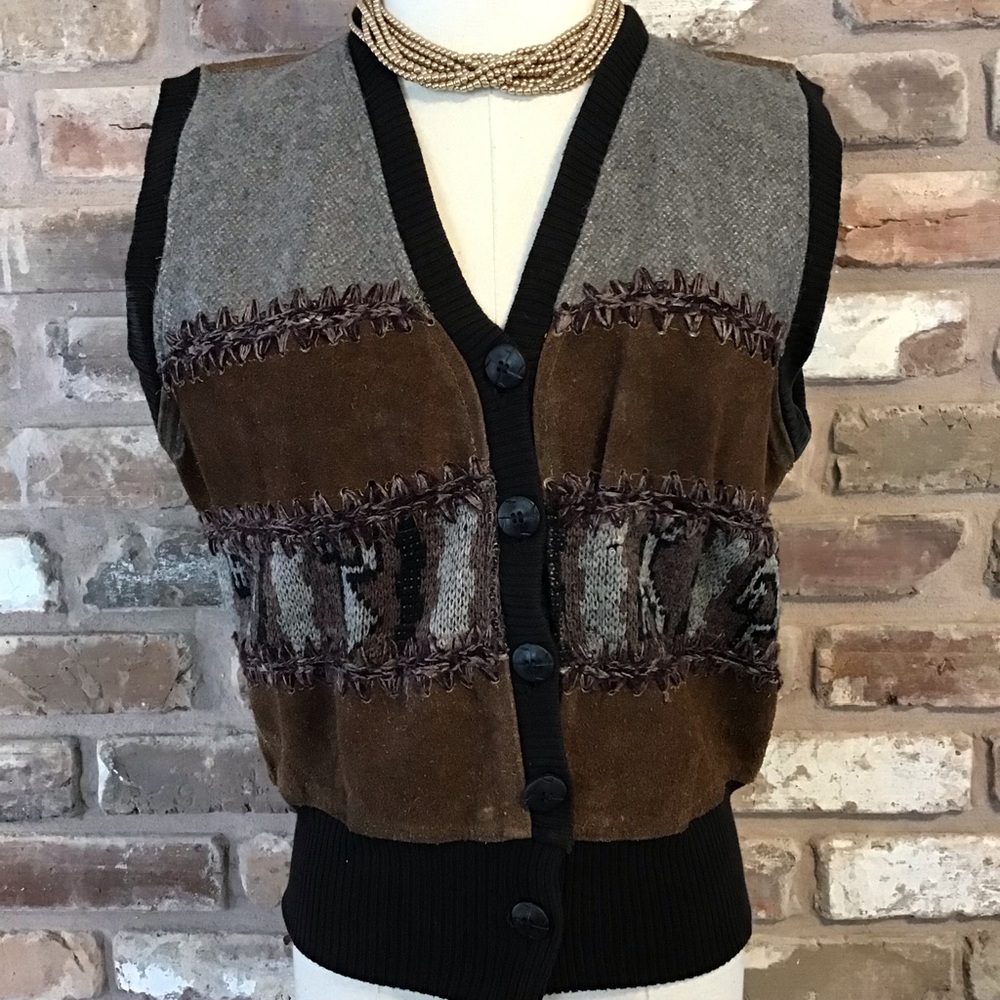JOU JOU Women's Vintage Patchwork Brown Suede Gray Button-Up Vest L - Picture 2 of 6